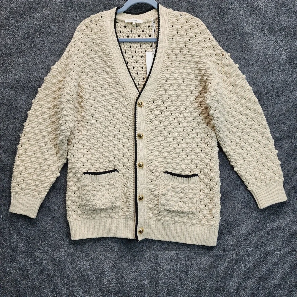 NWT FRAME The Bauble Cardigan Women's Textured Cotton Bobble Knit Sweater L